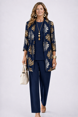 Three-Piece Set with Cardigan and Botanical Trousers