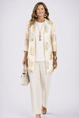 Three-Piece Set with Cardigan and Botanical Trousers