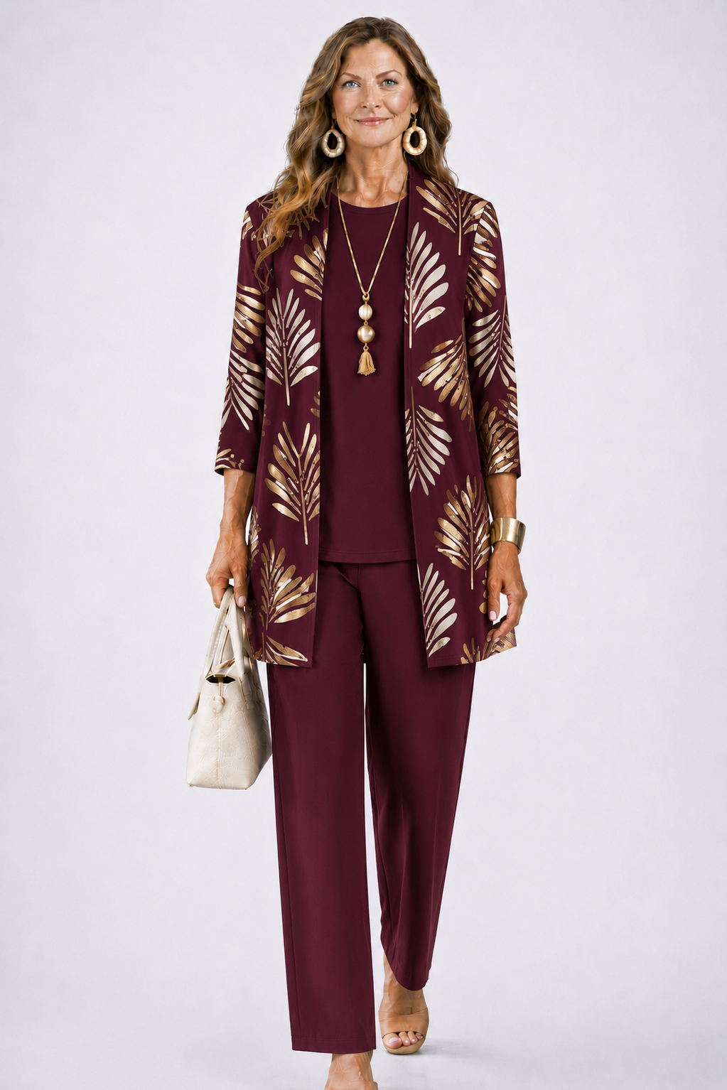 Three-Piece Set with Cardigan and Botanical Trousers