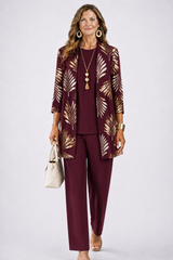 Three-Piece Set with Cardigan and Botanical Trousers