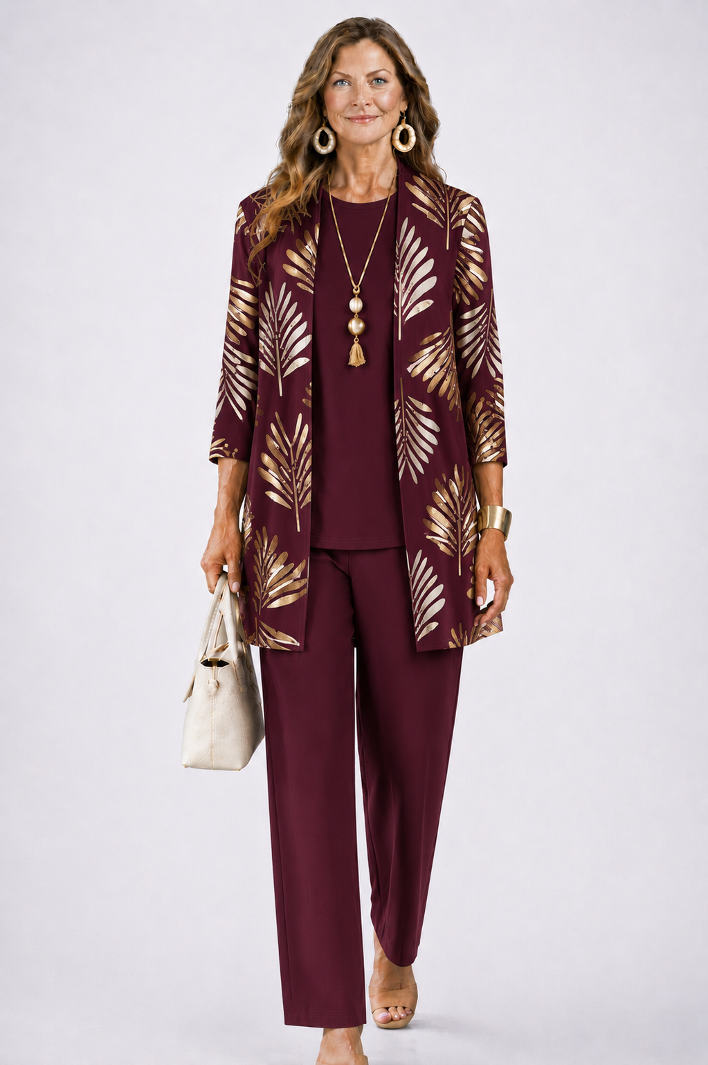 Three-Piece Set with Cardigan and Botanical Trousers