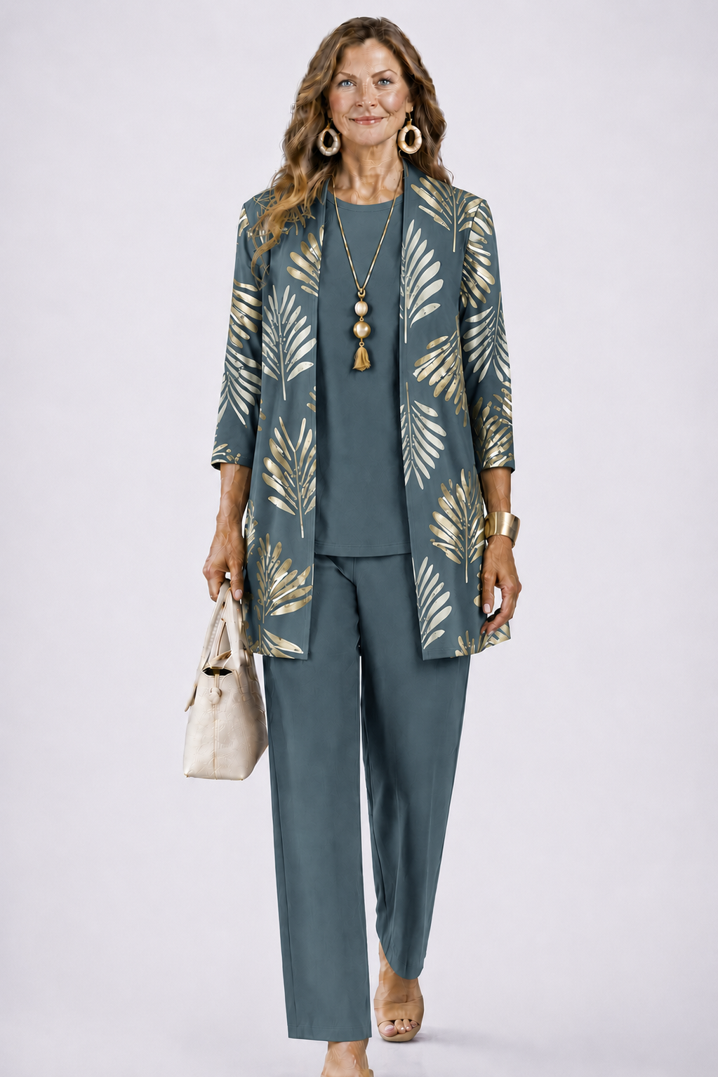 Three-Piece Set with Cardigan and Botanical Trousers