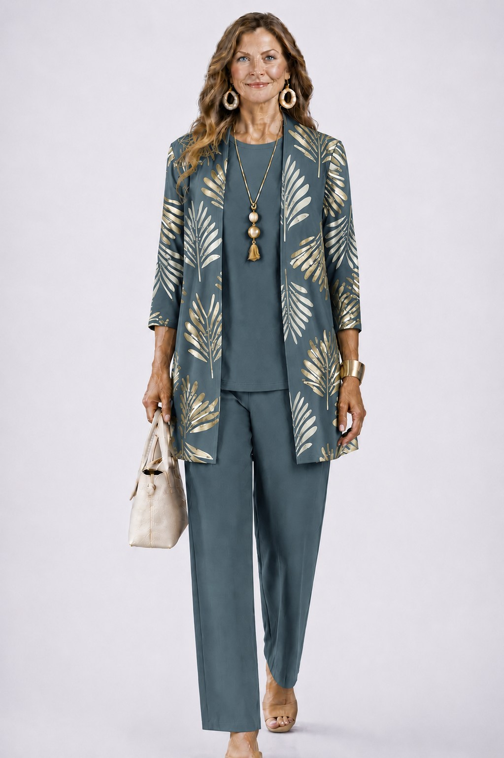 Three-Piece Set with Cardigan and Botanical Trousers