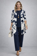 Three-Piece Set with Cardigan and Botanical Trousers