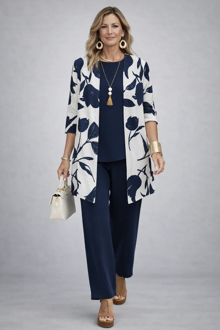 Three-Piece Set with Cardigan and Botanical Trousers