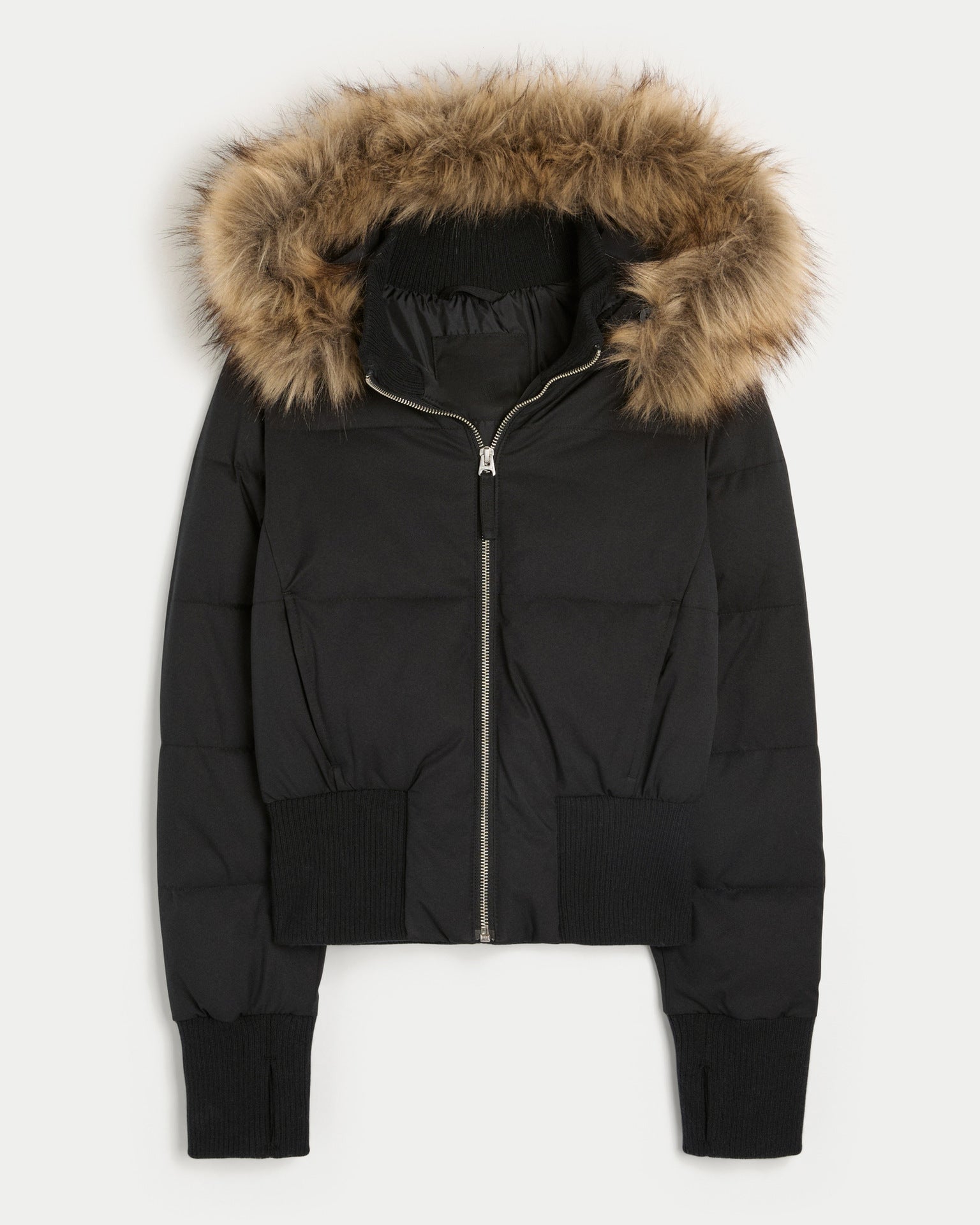 Women's Cropped Quilted Hooded Jacket with Faux Fur Trim