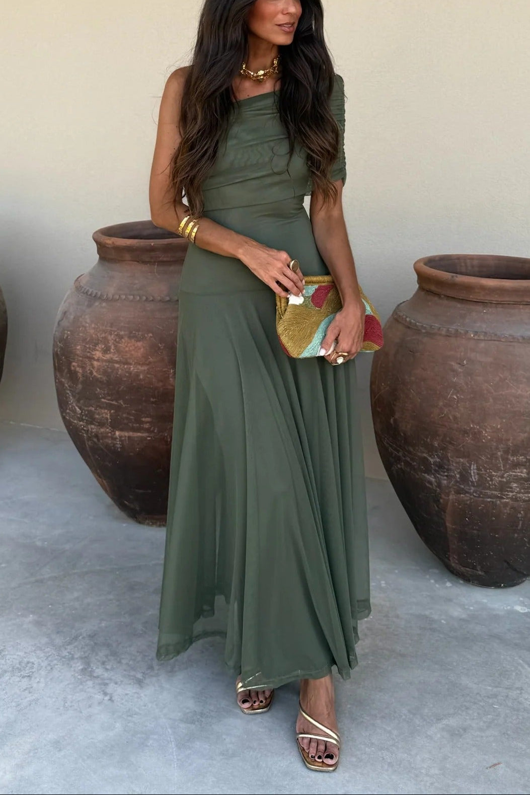 One-Shoulder Mesh Maxi Dress with Draped Bodice