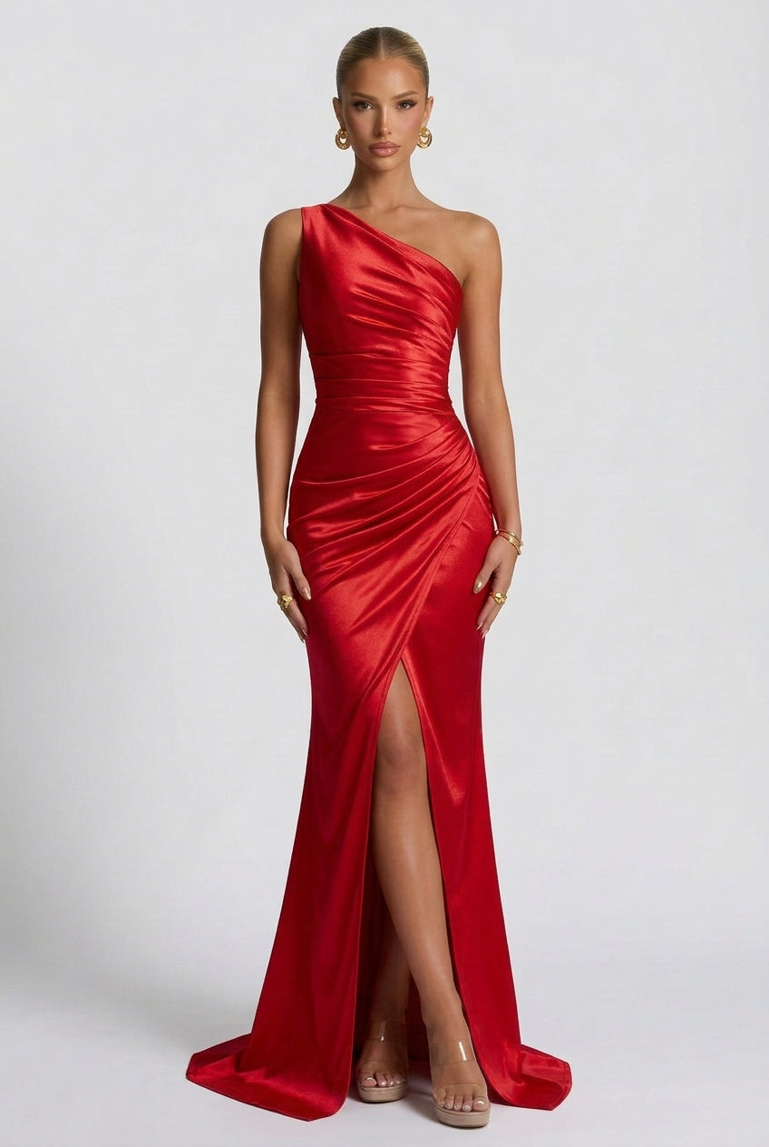 One-Shoulder Satin Maxi Autumn Occasion Dress with Split
