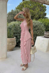 Pleated Ruffle Midi Dress for Wedding Guests