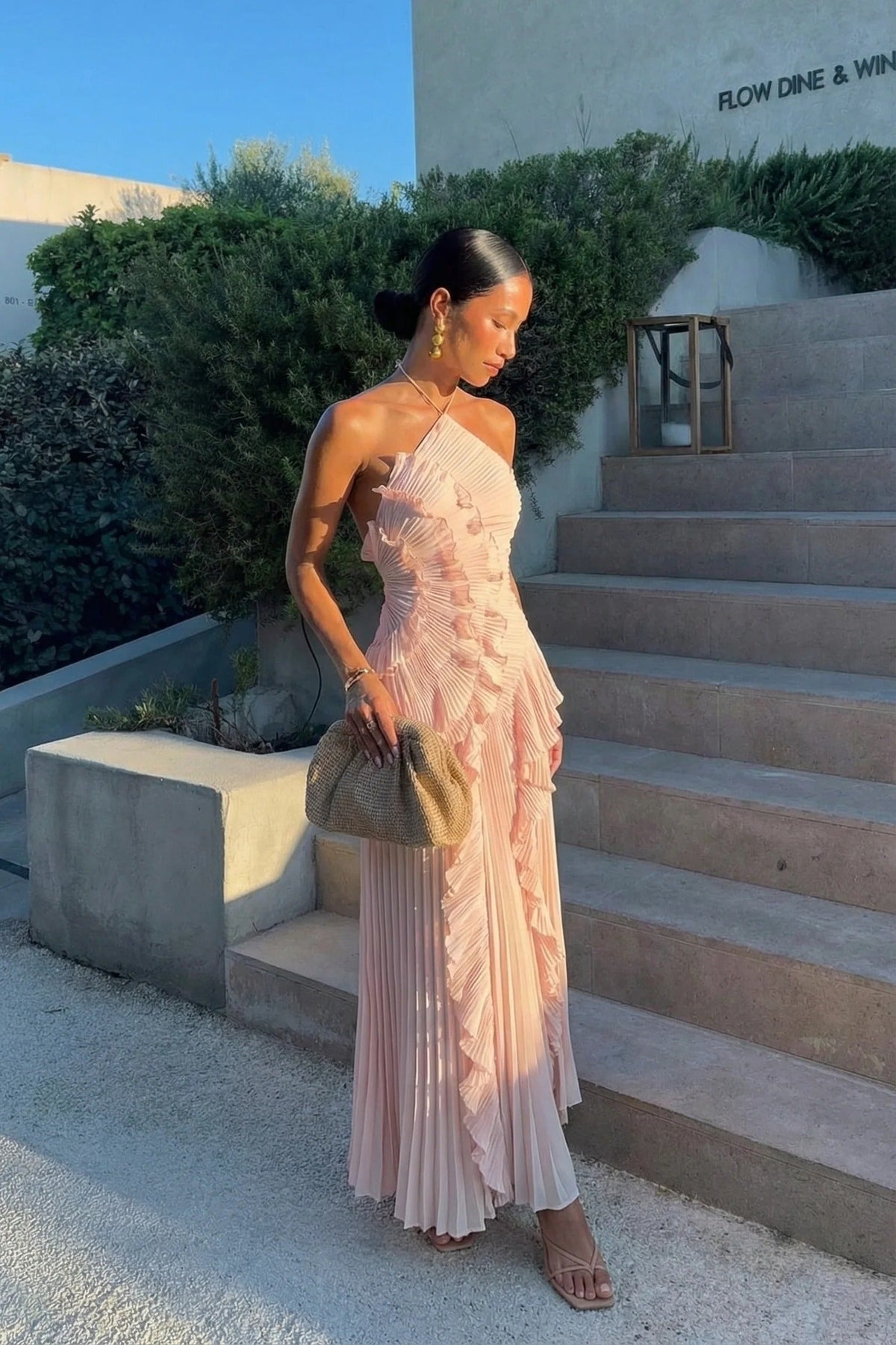 Pleated Ruffle Midi Dress for Wedding Guests