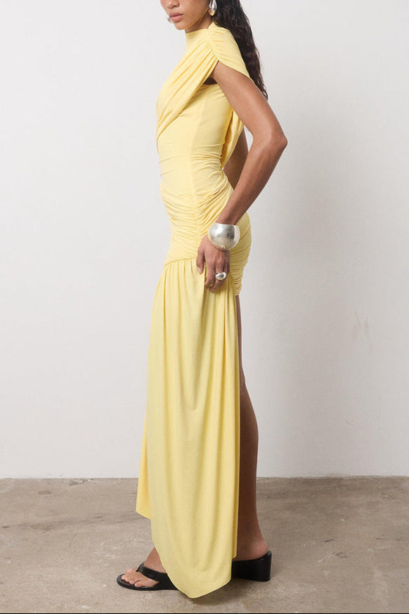 High Neck Ruched Draped Mini Cocktail Dress