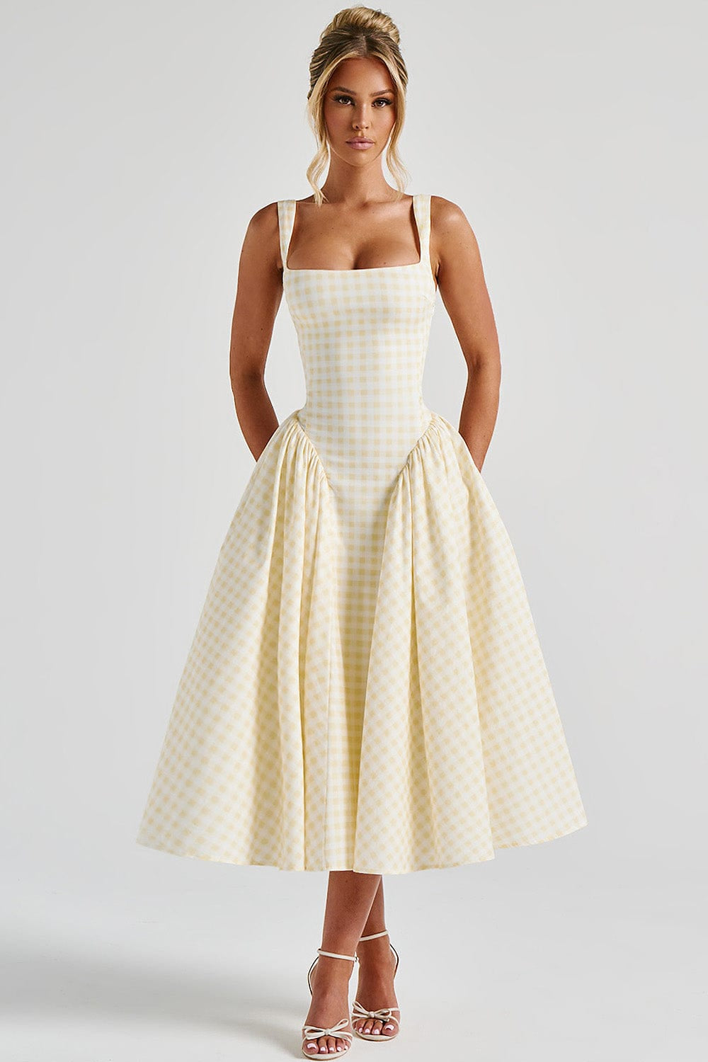 Kaydence | Women's Sleeveless Square-Neckline Gingham Midi Dress