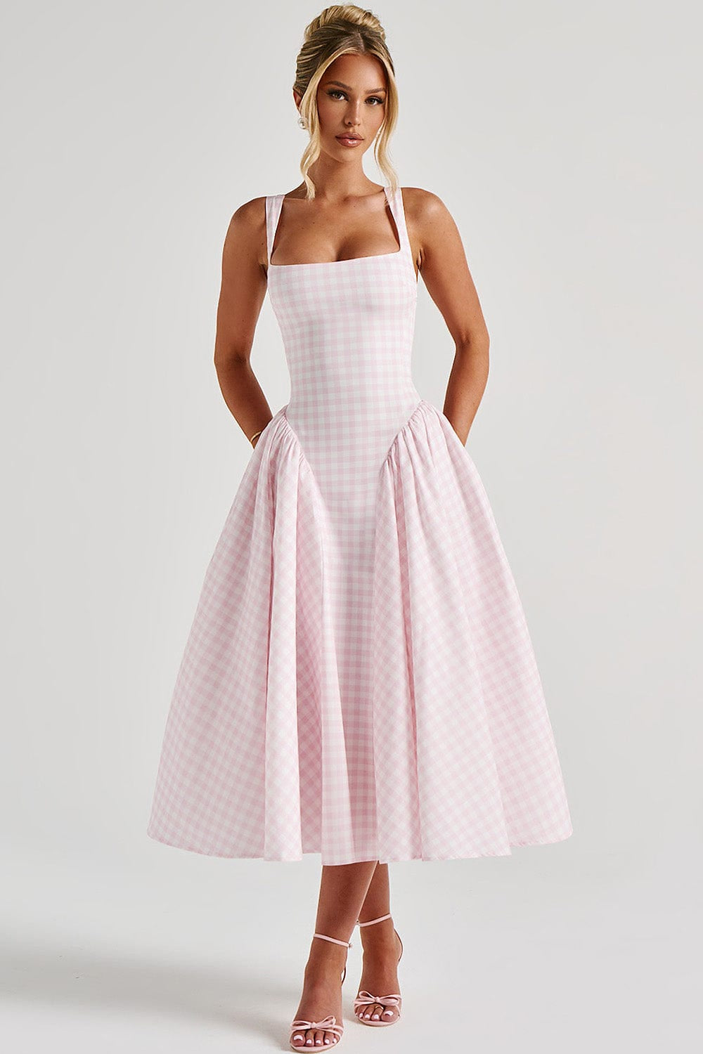 Kaydence | Women's Sleeveless Square-Neckline Gingham Midi Dress