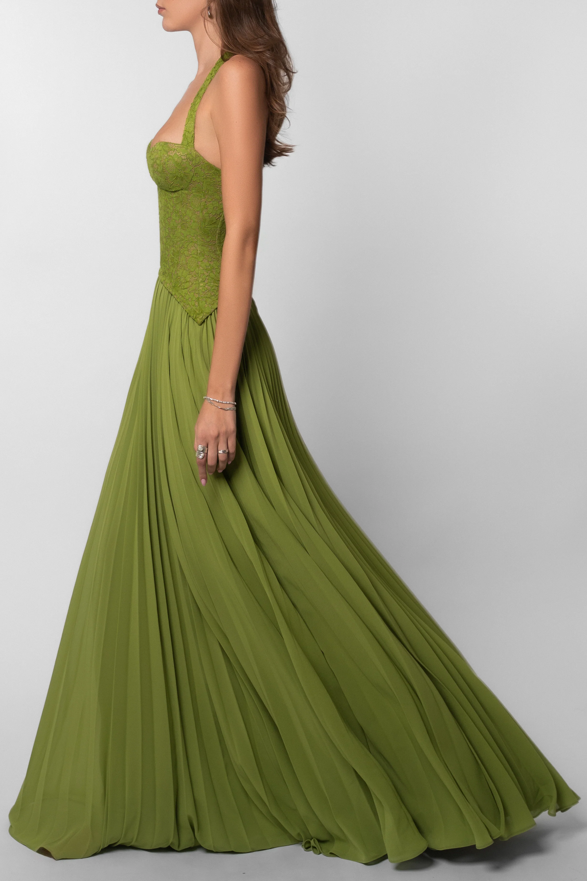Lace Corset Maxi Dress with Halter Neck and Pleated Skirt