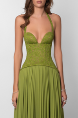 Lace Corset Maxi Dress with Halter Neck and Pleated Skirt