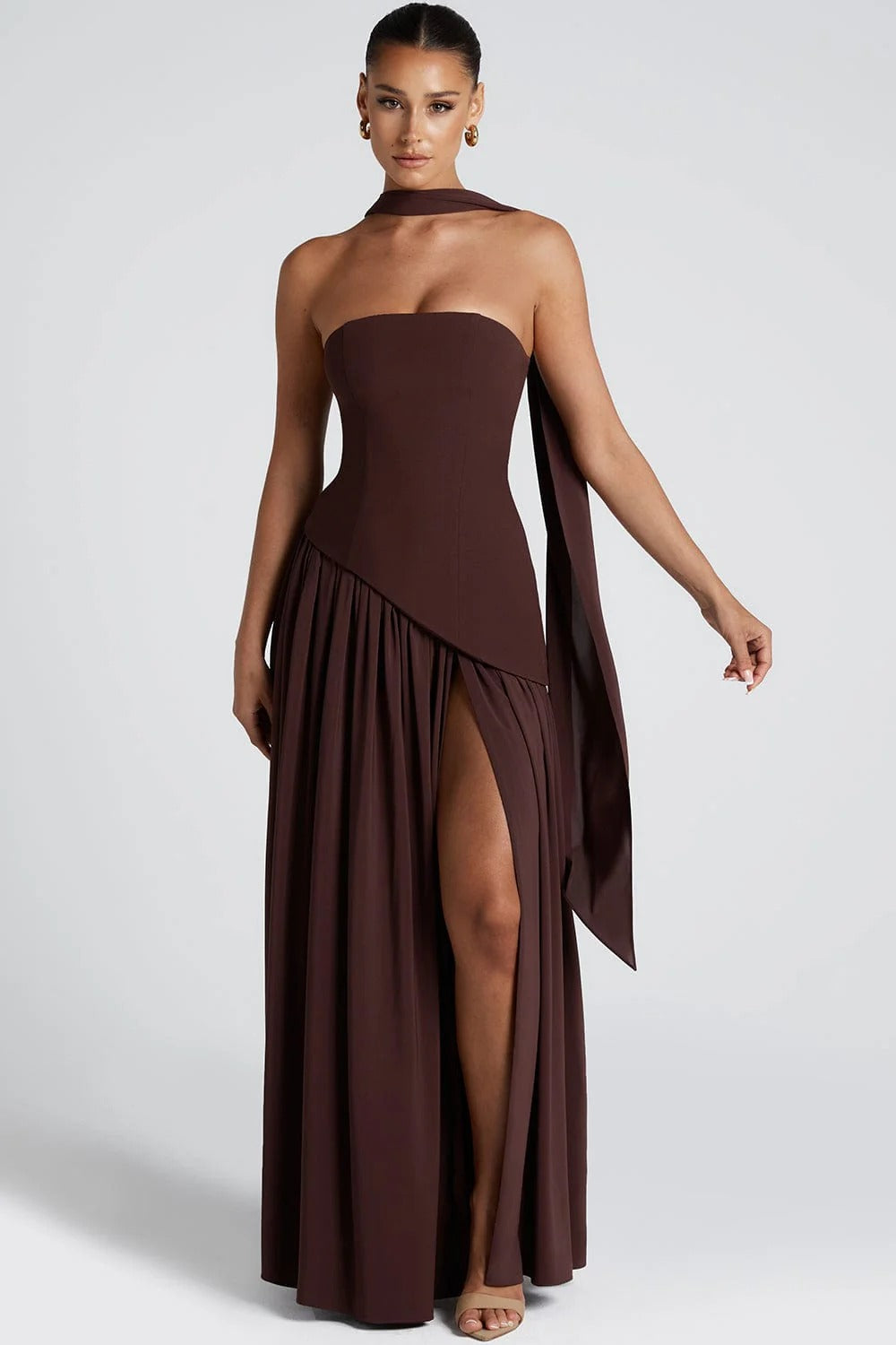 Strapless Maxi Dress with Scarf, Wedding Guest Style