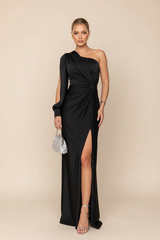 One-Shoulder Slit Satin Maxi Dress for Wedding Guests