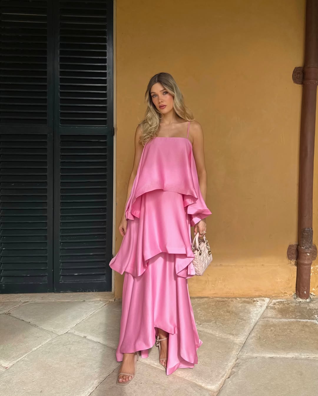 Tiered Satin Maxi Dress with Spaghetti Straps