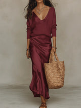 Satin Midi Dress and Matching Knit Jumper Set