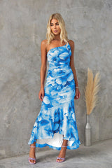 One-Shoulder Floral Dress with Asymmetric Ruffle Hem