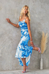 One-Shoulder Floral Dress with Asymmetric Ruffle Hem