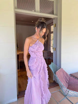 Pleated Halter Dress with Asymmetric Ruffles
