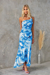 One-Shoulder Floral Dress with Asymmetric Ruffle Hem