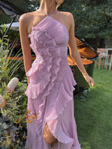 Pleated Halter Dress with Asymmetric Ruffles