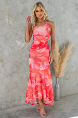 One-Shoulder Floral Dress with Asymmetric Ruffle Hem