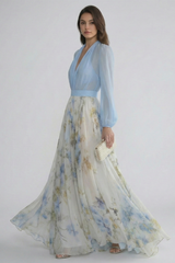 Women’s Maxi Dress with V-Neckline and Sheer Sleeves
