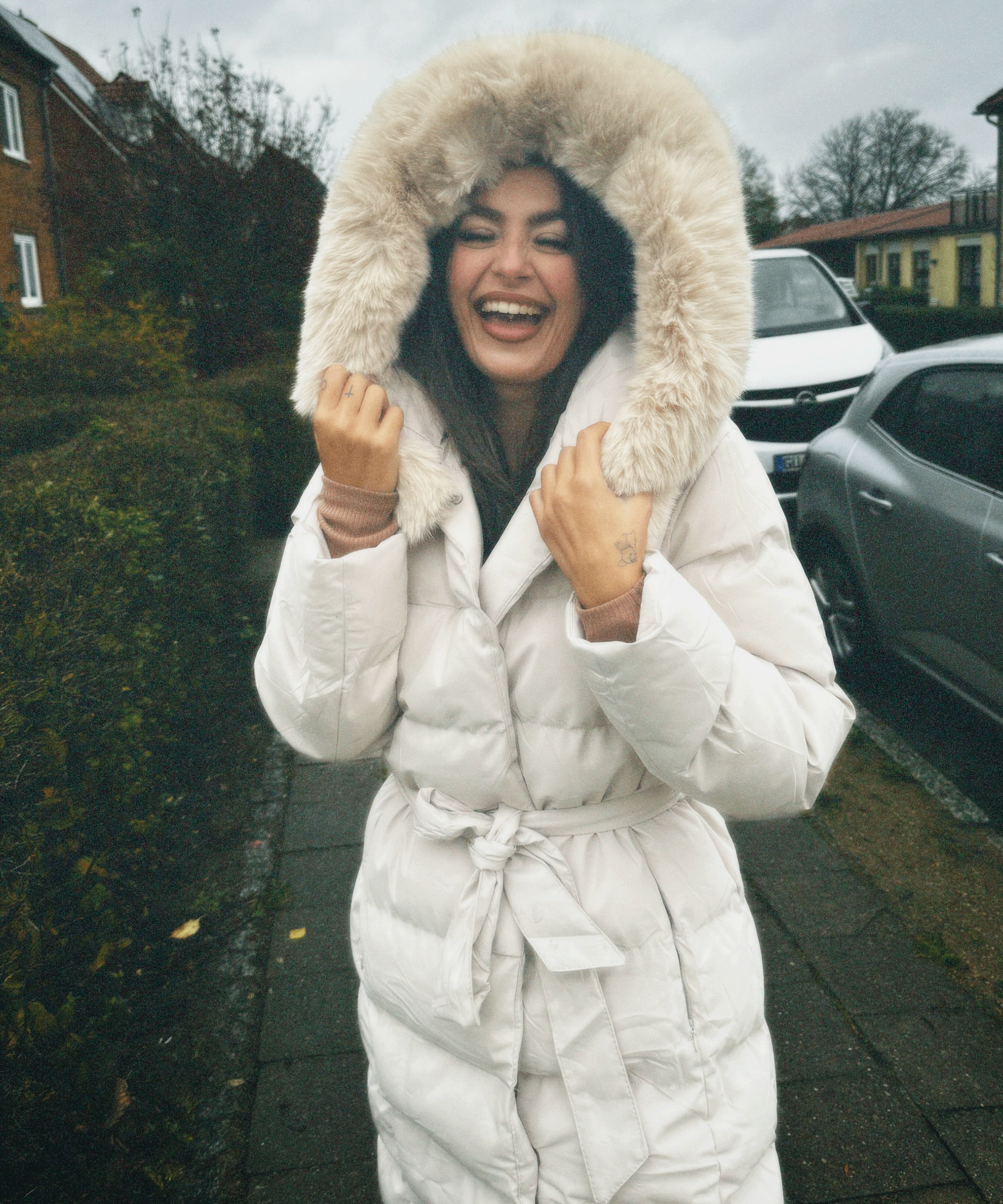 Women's Beige Parka Winter Jacket with Faux Fur and Tie Belt
