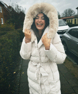 Women's Beige Parka Winter Jacket with Faux Fur and Tie Belt