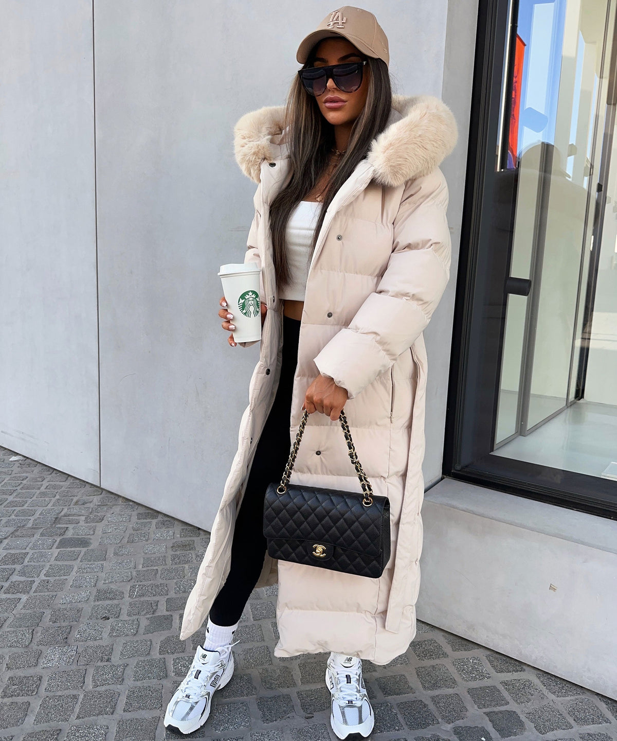 Women's Beige Parka Winter Jacket with Faux Fur and Tie Belt