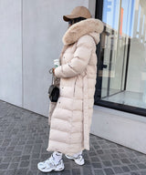 Women's Beige Parka Winter Jacket with Faux Fur and Tie Belt