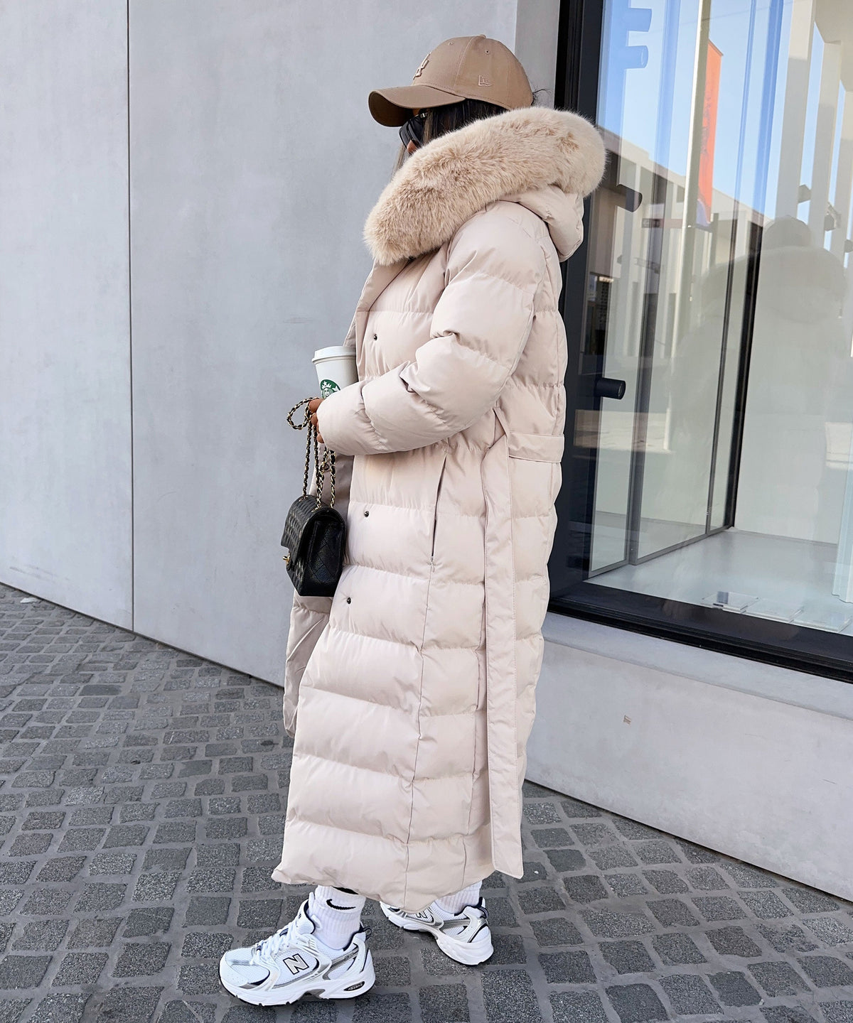 Women's Beige Parka Winter Jacket with Faux Fur and Tie Belt