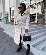 Women's Beige Parka Winter Jacket with Faux Fur and Tie Belt