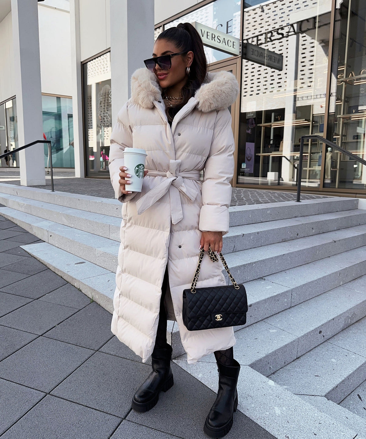 Women's Beige Parka Winter Jacket with Faux Fur and Tie Belt