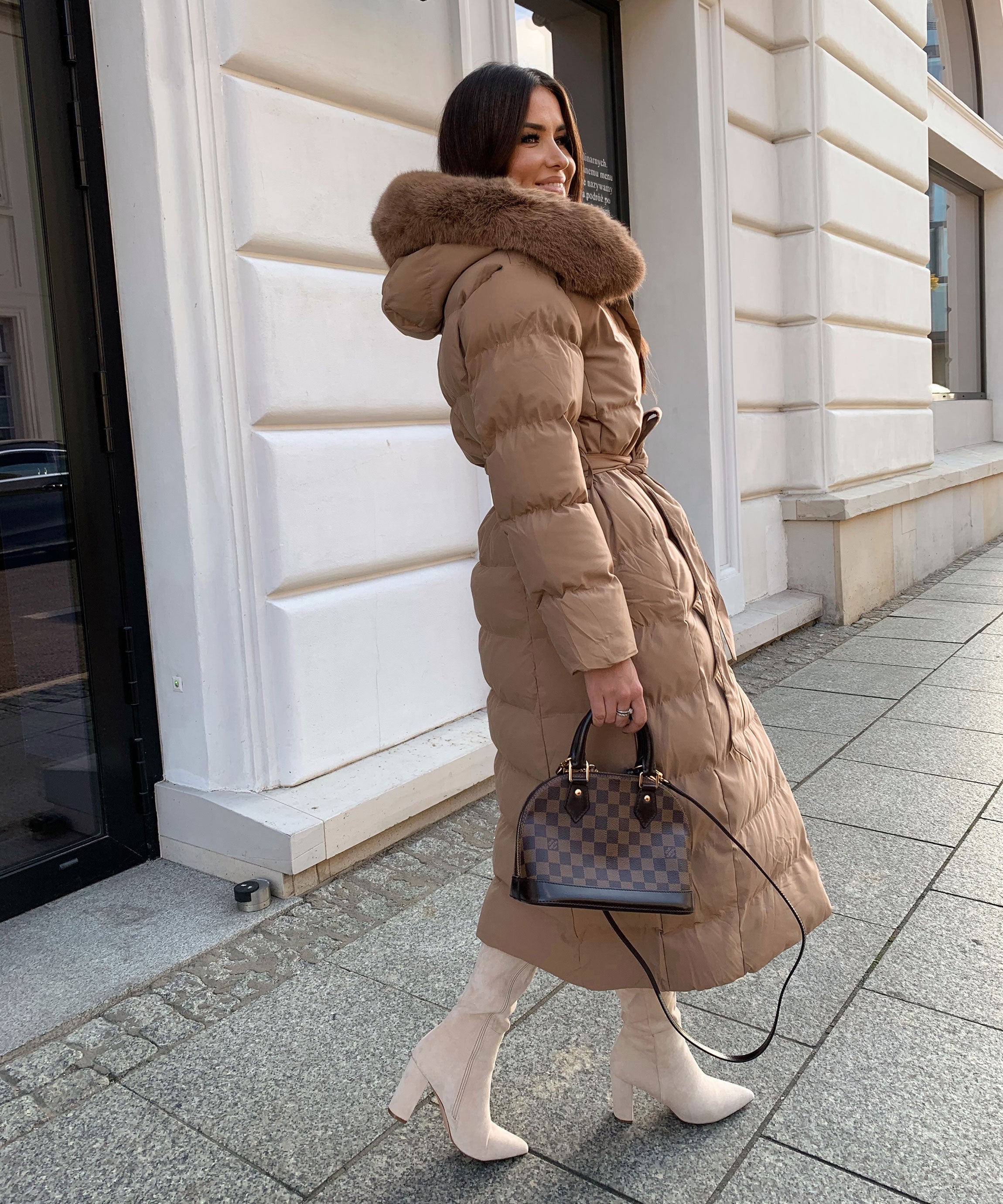 Women's Camel Parka Winter Jacket with Faux Fur and Tie Belt