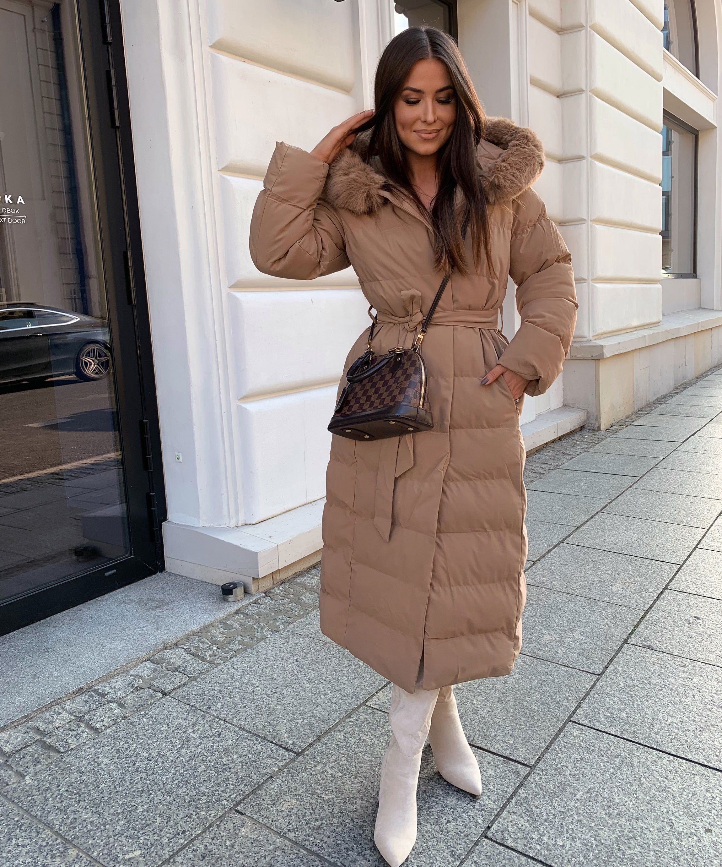 Women's Camel Parka Winter Jacket with Faux Fur and Tie Belt