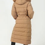 Women's Camel Parka Winter Jacket with Faux Fur and Tie Belt