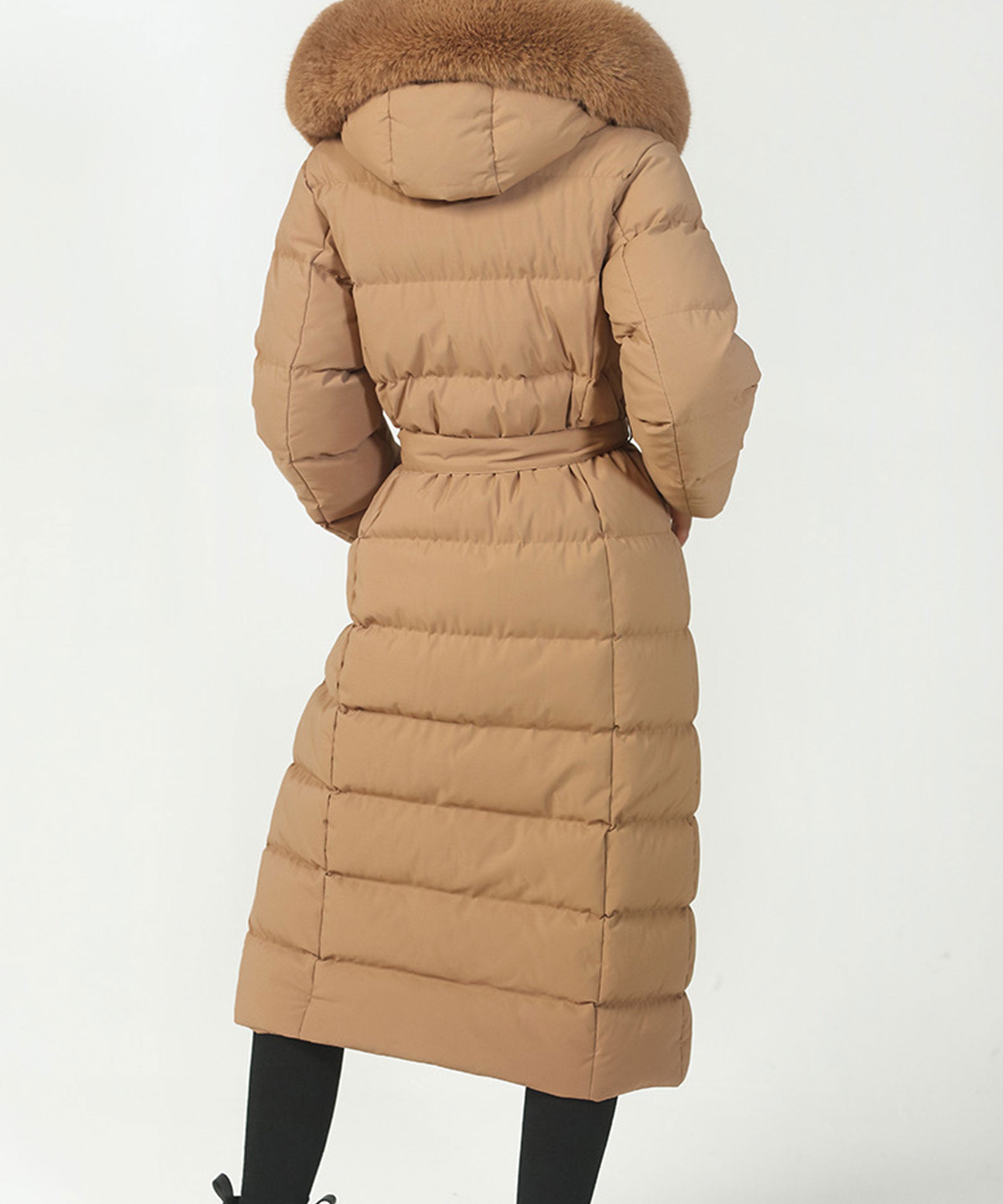 Women's Camel Parka Winter Jacket with Faux Fur and Tie Belt