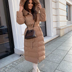 Women's Camel Parka Winter Jacket with Faux Fur and Tie Belt