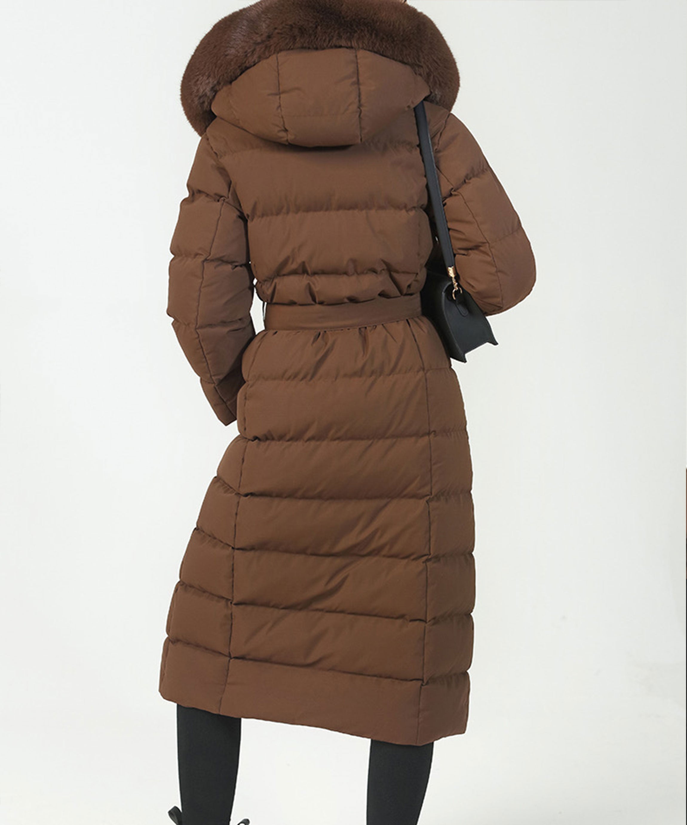 Women's Dark Brown Parka Winter Jacket with Faux Fur and Tie Belt