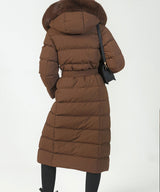 Women's Dark Brown Parka Winter Jacket with Faux Fur and Tie Belt