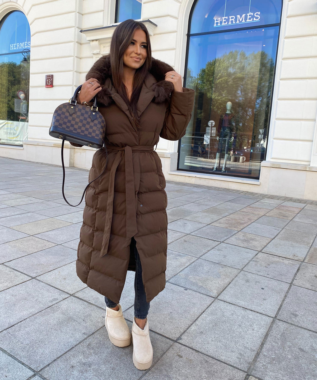 Women's Dark Brown Parka Winter Jacket with Faux Fur and Tie Belt