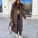Women's Dark Brown Parka Winter Jacket with Faux Fur and Tie Belt