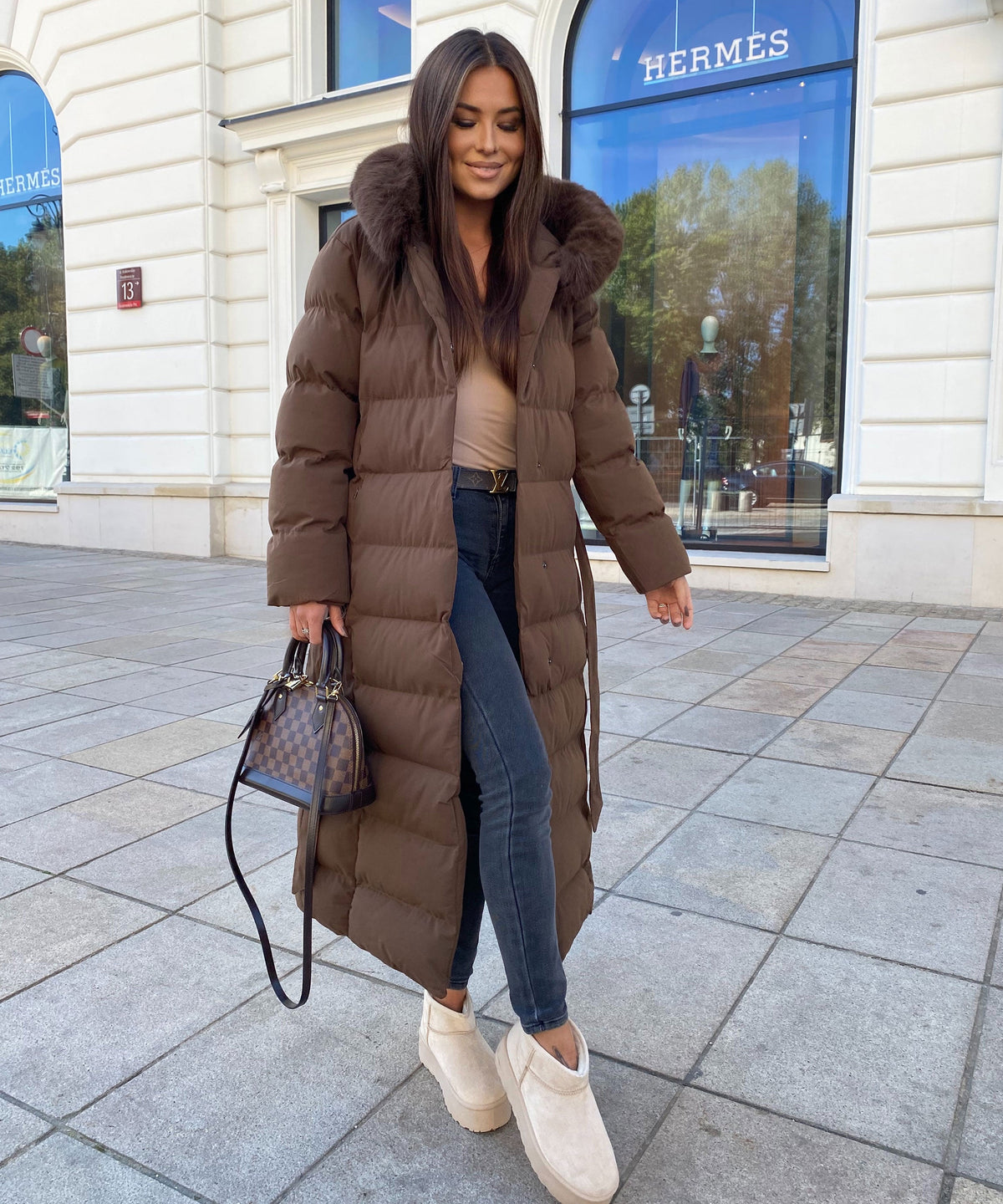Women's Dark Brown Parka Winter Jacket with Faux Fur and Tie Belt