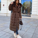 Women's Dark Brown Parka Winter Jacket with Faux Fur and Tie Belt