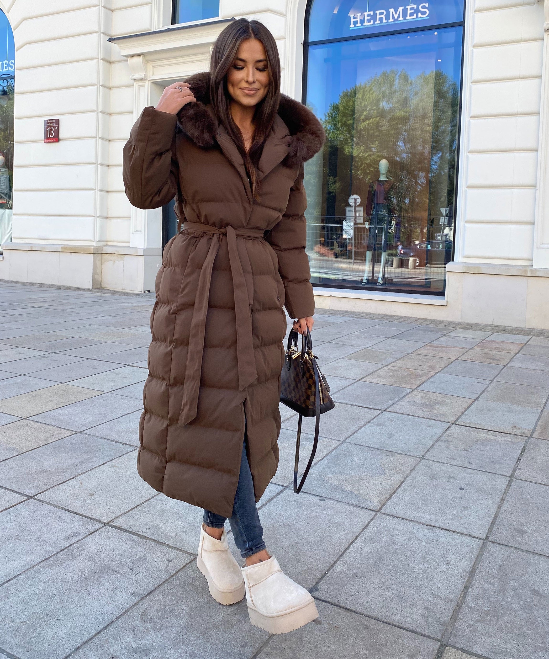 Women's Dark Brown Parka Winter Jacket with Faux Fur and Tie Belt
