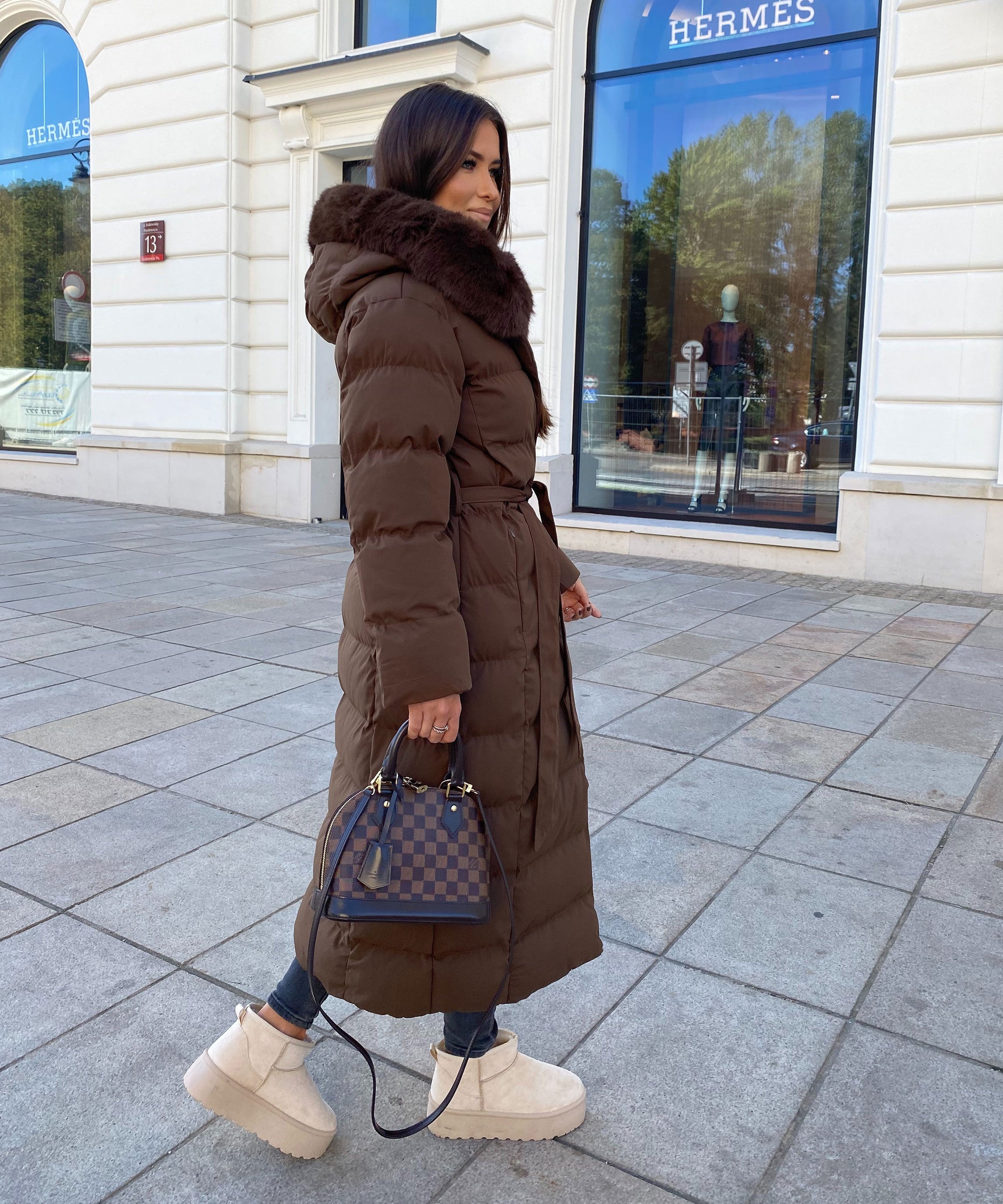 Women's Dark Brown Parka Winter Jacket with Faux Fur and Tie Belt